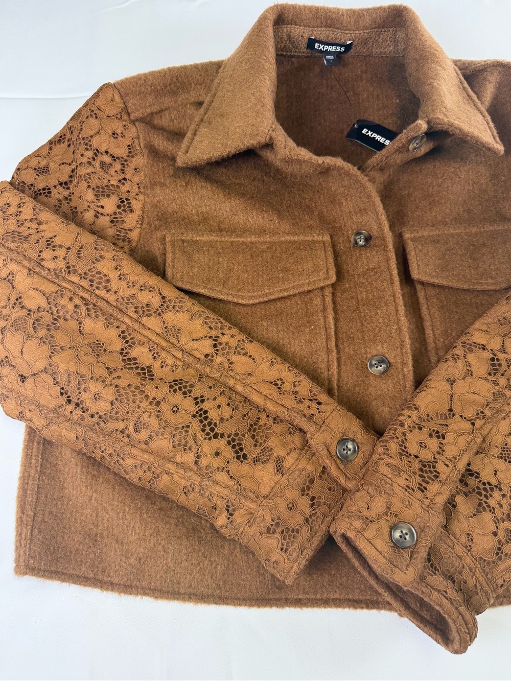 Express - Chic Brown Woven Lace-Sleeve Cropped Jacket NWT -Date night ready L - Picture 5 of 16